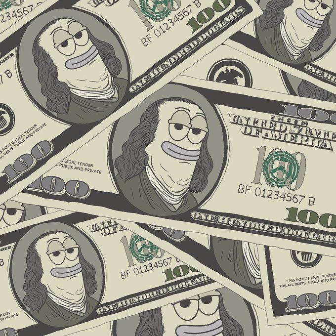 A stylized illustration depicting $100 bills featuring a cartoon portrait of Benjamin Franklin with half-closed eyes, scattered across the frame.