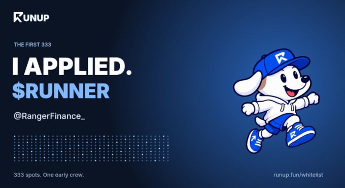 A promotional graphic for 'RUNUP' features text reading 'THE FIRST 333 I APPLIED. $RUNNER @RangerFinance_' alongside a cartoon dog mascot wearing a blue cap and hoodie, with '333 spots. One early crew.' and 'runup.fun/whitelist' at the bottom.