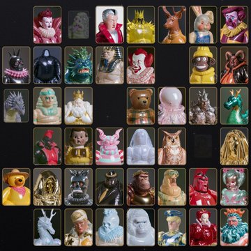 A grid collection of colorful collectible figurines on dark backgrounds, featuring various characters, animals, and pop-culture figures in vintage-style cases.