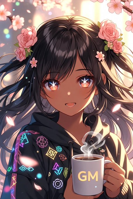 An anime-style illustration of a girl with dark hair and pink roses, wearing a hoodie with colorful symbols, holding a steaming mug that says 'GM'.