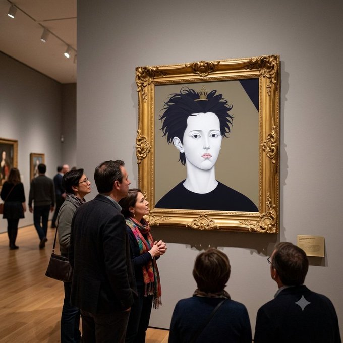 Museum visitors admiring a large framed portrait of a pale figure with dark hair wearing a crown in an ornate gold frame.