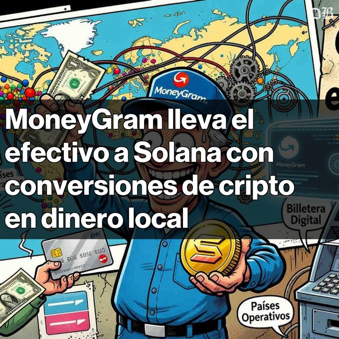 A Spanish-language news graphic titled 'MoneyGram lleva el efectivo a Solana con conversiones de cripto en dinero local' featuring a cartoon delivery worker holding cash and a Solana coin.