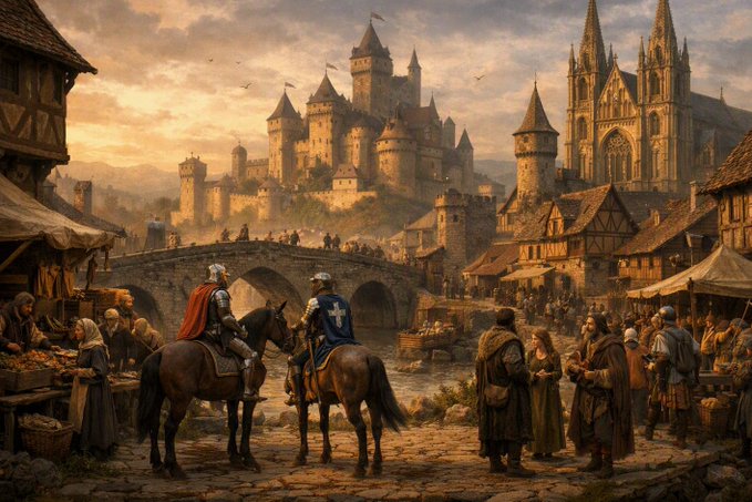 A fantasy medieval scene showing two knights on horseback looking over a bustling town market, with a grand stone castle and gothic cathedral looming in the background.
