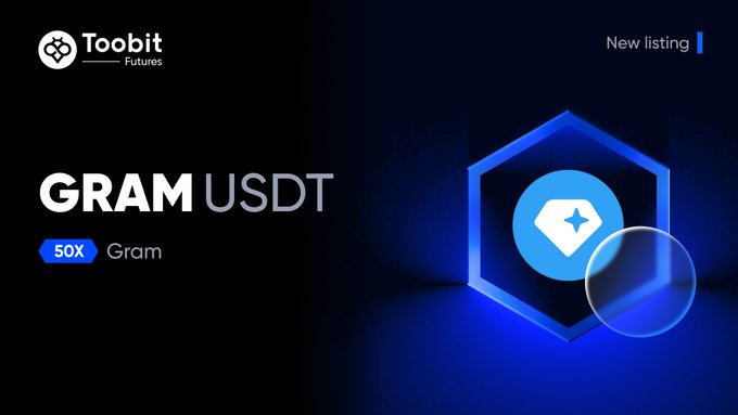 A promotional graphic for Toobit Futures announcing the new GRAMUSDT listing, featuring the Toobit logo and a glowing blue hexagonal token icon, with "50X" leverage and "New listing" highlighted alongside the GRAM ticker.
