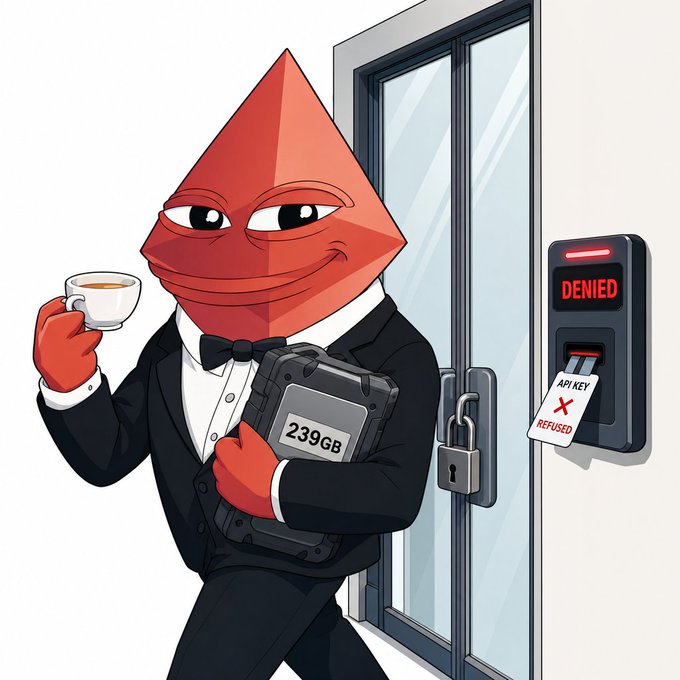 A cartoon illustration depicts a diamond-shaped red character in a tuxedo holding a '239GB' hard drive and a coffee cup, standing next to a door with a 'DENIED' sign and an 'API KEY REFUSED' tag.