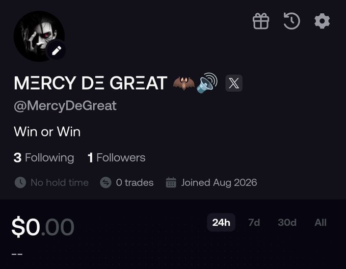 The image shows a profile for "MERCY DE GREAT" (@MercyDeGreat) on what appears to be a trading platform, displaying "Win or Win" as the bio with 3 Following, 1 Follower, 0 trades, no hold time, and a $0.00 portfolio balance. The post about joining FOMO ties in with the "Joined Aug 2026" date visible on the profile, highlighting that despite the new account status, the user is already seeking ways to make money on the platform.