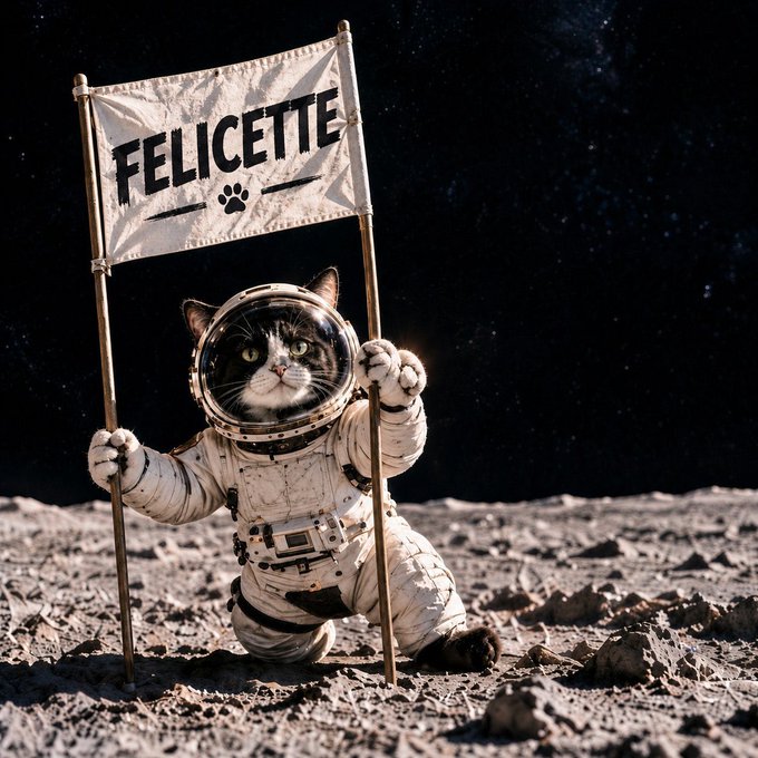 A digital image shows a cat wearing a spacesuit and holding a flag that reads 'FELICETTE' with a paw print, standing on a moon-like surface against a starry sky.