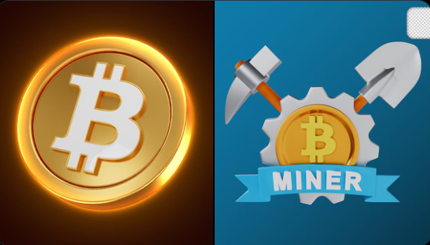 The image shows a glowing Bitcoin coin on the left and a "MINER" logo with a gear, pickaxe, and shovel on the right, visually representing the concept of Bitcoin mining referenced in the post about a solo miner successfully mining block 957382 using a small $250 Bitaxe device to earn 3.138 BTC.