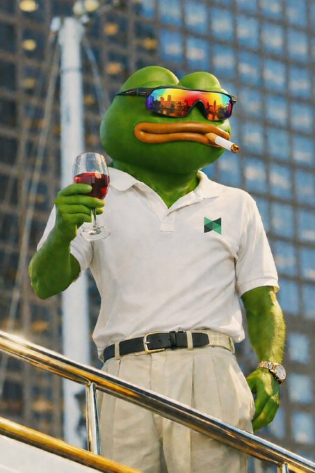A green Pepe the Frog character wearing reflective sunglasses, a white polo shirt, and a luxury watch stands on a yacht holding a glass of red wine, perfectly embodying the "crypto bro" lifestyle aesthetic—dripped out in wealth symbols while maintaining internet meme appeal.

The image's inclusion of the green arrow-up chest logo ties directly to crypto culture, with Pepe's confident pose and yacht setting capturing the aspirational "diamond hands" mentality celebrated in the post.