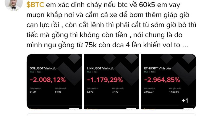 The image presents a conversation between two people discussing the recent drop of Bitcoin prices in the market. One person, presumably an individual named John, has written a negative message about this, expressing disappointment or frustration due to the loss he experienced with his Bitcoin account. Another person is described as a "little bro" who was wiped out when Bitcoin dropped to 60.5k, meaning their investment suffered significant losses in the market. The conversation mainly focuses on the implications of the drop and the difficulties faced by those affected.