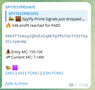A Telegram message from SPYTESTPRIVATE channel advertising trading signals, mentioning SpyFly Prime Signals, an X46 profit on PAID, a crypto wallet address, Entry MC: 155.10K, Current MC: 7.14M, and links for GMG, AXI, FOMO, and JOIN ALPHA+.