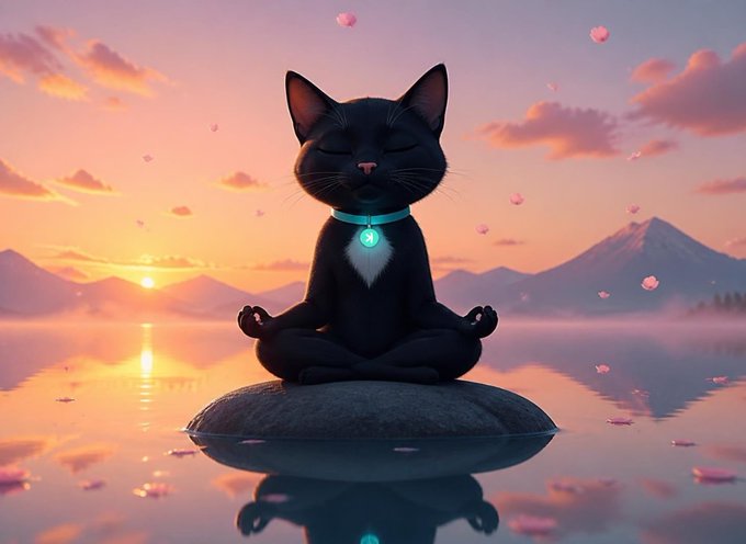 A black cat meditates peacefully in a lotus pose on a stone, surrounded by a serene sunset over a reflective lake with floating petals, embodying the calm mindfulness of the post's "Silence. Inhale. Exhale." message alongside the visible tickers $KAS and $NACHO.