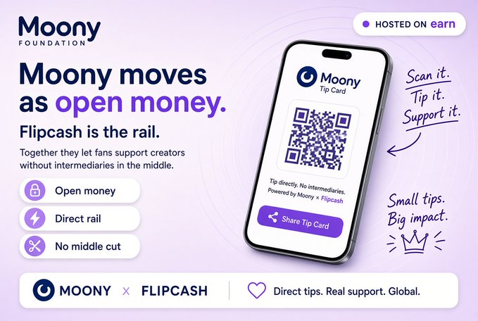 A marketing image for 'Moony Foundation' promoting Moony as 'open money' with Flipcash, featuring a QR tip card phone mockup and the tagline 'Small tips. Big impact.'