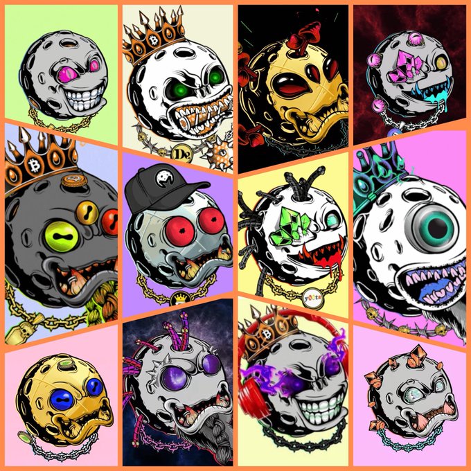 A colorful collage of various cartoon-style skull characters with different accessories, crowns, and gem-eyes.