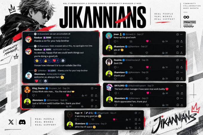 A promotional graphic titled "JIKANNIANS" displaying testimonials and social media comments praising a community manager, with logos for X and Discord at the bottom.