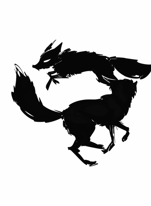 A stark black ink-style illustration showing a fox leaping dynamically over another fox running below it against a plain white background.