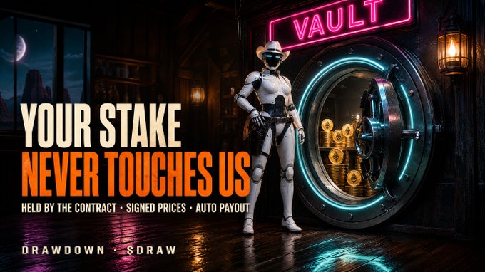 Futuristic promotional graphic featuring a robot wearing a cowboy hat standing next to an open vault filled with gold coins, with neon 'VAULT' signage and text reading 'YOUR STAKE NEVER TOUCHES US — HELD BY THE CONTRACT • SIGNED PRICES • AUTO PAYOUT' and 'DRAWDOWN $DRAW'.