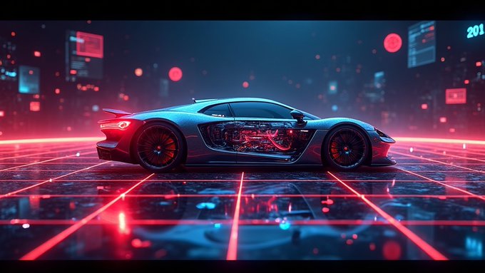 A futuristic silver sports car with glowing red internal components and neon lights, parked on a reflective, grid-lined surface in a cyberpunk-style city at night.