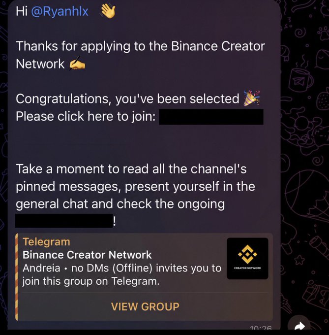 A screenshot of a Telegram message welcoming '@Ryanhlx' to the 'Binance Creator Network' with a link to join the group, featuring a notification at the bottom to 'VIEW GROUP'.