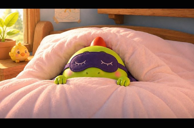 A cute green dinosaur character wearing a purple sleep mask and a pink blanket in a cozy bed, accompanied by a small yellow chick figurine on the nightstand.