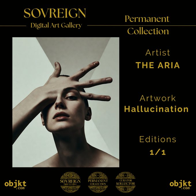 A promotional graphic for 'SOVREIGN Digital Art Gallery' featuring artwork titled 'Hallucination' by artist THE ARIA.