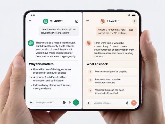 Two hands hold a dual-screen foldable device showing side-by-side AI chat interfaces for 'ChatGPT' and 'Claude', both responding to the prompt 'I heard a rumor that Anthropic just solved the P = NP problem.'