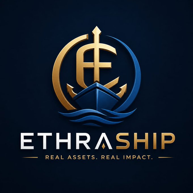 A logo for 'ETHRASHIP' featuring a stylized ship emblem with the tagline 'REAL ASSETS. REAL IMPACT.'