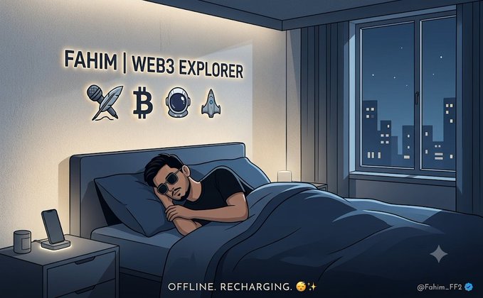 A cartoon illustration showing a person sleeping with text "FAHIM | WEB3 EXPLORER" and "OFFLINE. RECHARGING." alongside Web3-related icons and the handle @Fahim_FF2.
