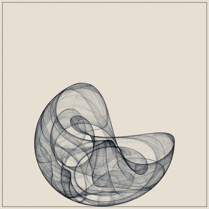 An abstract drawing composed of layered, flowing translucent lines in shades of gray and black, creating a swirling, organic shape on an off-white background.