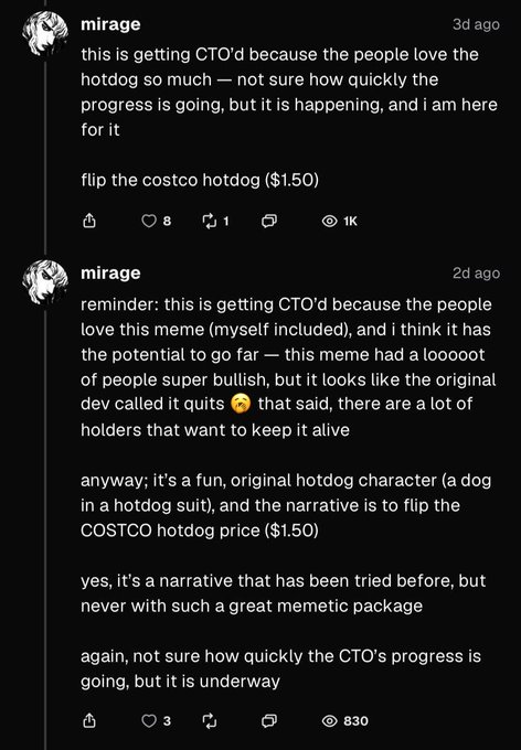 A screenshot of two social media posts by user 'mirage' discussing a meme token being CTO'd, mentioning a 'hotdog' character and a narrative to flip the COSTCO hotdog price ($1.50).