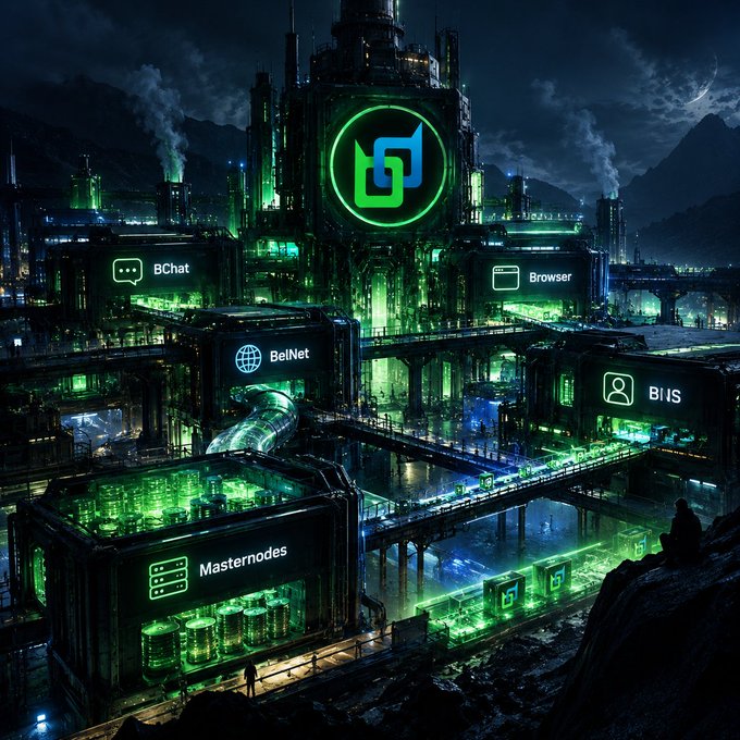 A cyberpunk-style illustration of a glowing green futuristic factory at night features signs labeled 'BChat', 'Browser', 'BelNet', 'BitS', and 'Masternodes' with a central green logo.