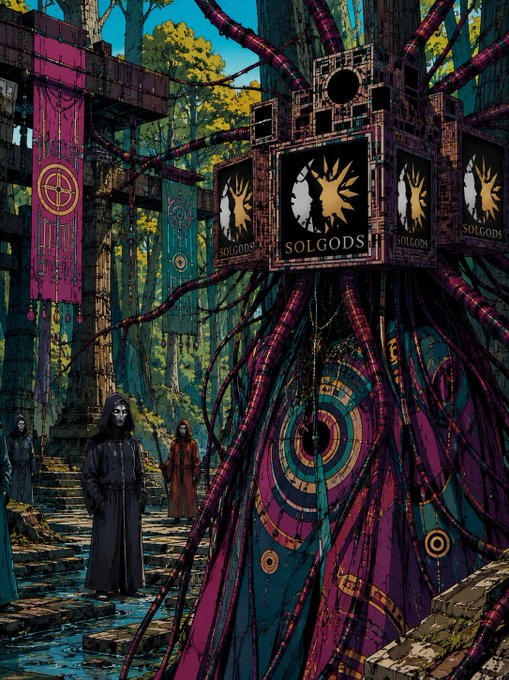 A stylized, colorful digital illustration shows hooded figures standing near a stone structure adorned with signs reading 'SOLGODS' and draped in vibrant purple and teal fabrics, set in a forest.
