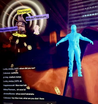 Screenshot from a virtual reality chat (VRChat) showing chat messages discussing usernames, with usernames like 'JayVegas,' 'MikeyThereum_,' and 'HappinessCATS' visible, along with a translucent blue avatar and coins floating in the scene.