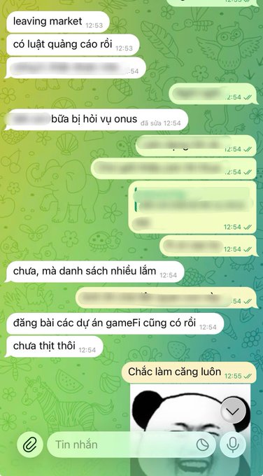 A Vietnamese-language Telegram chat conversation about work projects, including mentions of leaving the market, advertising, and listing many GameFi game projects.
