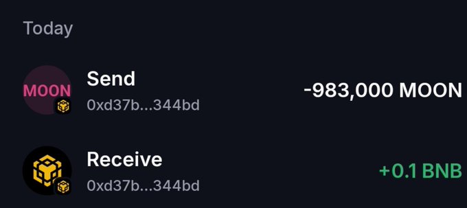 A screenshot of a cryptocurrency transaction record showing a Send of -983,000 MOON and a Receive of +0.1 BNB.