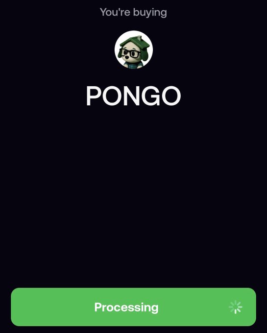A mobile purchase confirmation screen showing 'You're buying PONGO' with a green 'Processing' button at the bottom.