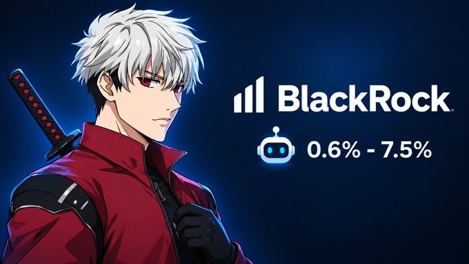 An anime-style character with white hair, red eyes, and a katana on his back next to the BlackRock logo and a bot icon with the text '0.6% - 7.5%'.