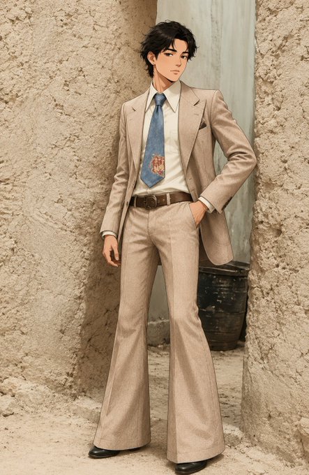 An anime-style man with dark hair wears a tan suit with a blue tie, leaning against a textured stone wall.