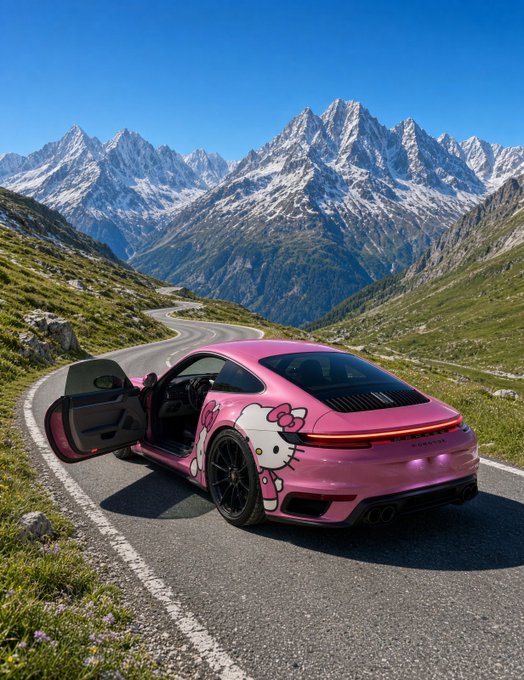 A bright pink Hello Kitty–themed Porsche is parked on a winding mountain road, with one door open and rugged snowcapped peaks in the background.