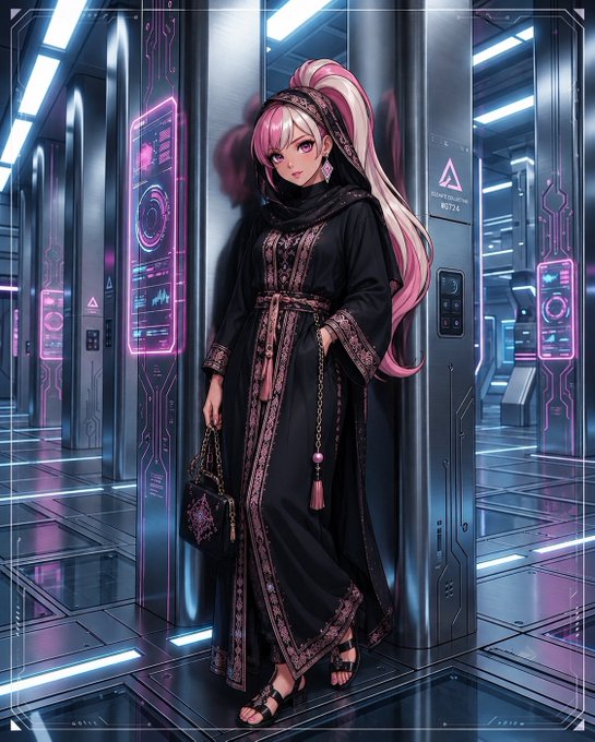 An anime-style digital illustration of a girl with pink hair wearing an ornate black hooded robe, standing in a futuristic server room with glowing pink display panels.