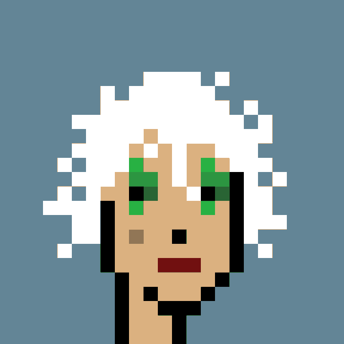 The image is a very unique, pixelated digital art piece depicting an animated person with black hair wearing green eyes and a red shirt. The artist has used a pixel art style for creating this individual, which can be seen clearly in every detail of their face, hair, and clothing. The post seems to be related to cryptocurrency as it references "punks #4153" who bought the artwork for $69,027. This might suggest that the artist is part of a group known as cryptopunks or someone interested in digital art and cryptocurrency.