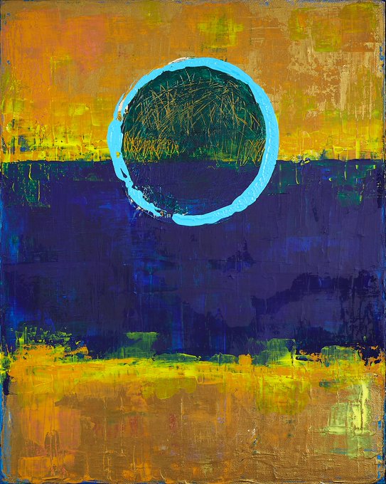 An abstract painting featuring a dark sphere with a bright cyan ring against a vivid orange and deep blue background with textured brushstrokes.