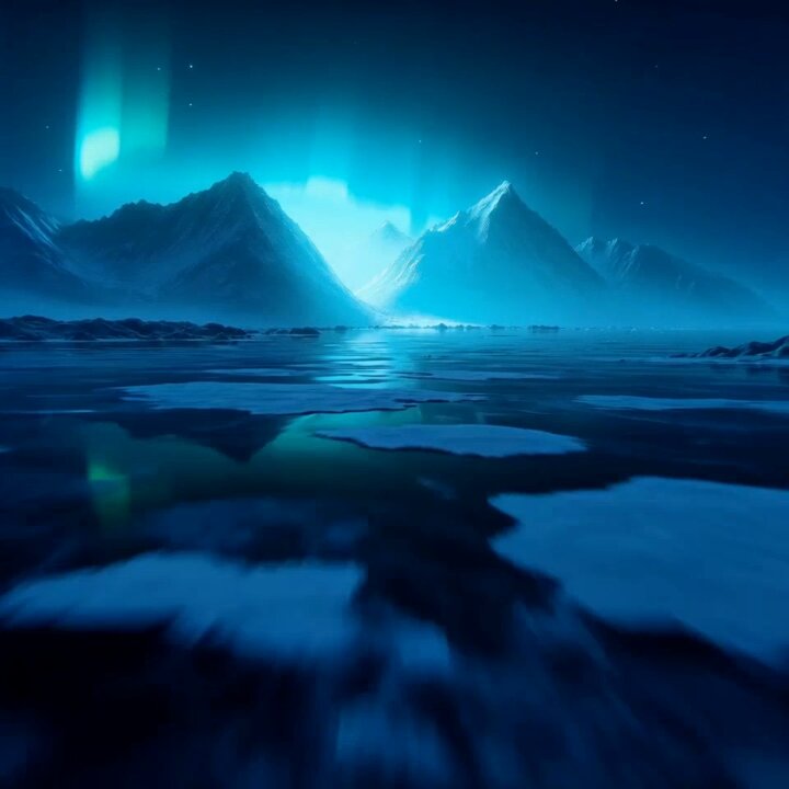 The image features a serene landscape with mountains and snow, all under the cover of a clear night sky. The bright blue hue from the Northern Lights lights up the scene, adding a magical touch to the overall atmosphere. The water beneath reflects these ethereal lights, creating a stunning visual spectacle. The foreground contains a frozen lake, complete with chunks of ice visible in its icy surface. Below this, snow-covered mountains stretch out across the frame, their peaks dusted with snow under the moonlight and stars above. In the image, there is also text that reads: "Today is Raffle Reveal Day! 100 winning tickets, $1,000 USDC each - see if the tickets you earned last week won. Reveal opens at 10:00 AM UTC - set a reminder and head to the Points Hub later to see your draw."