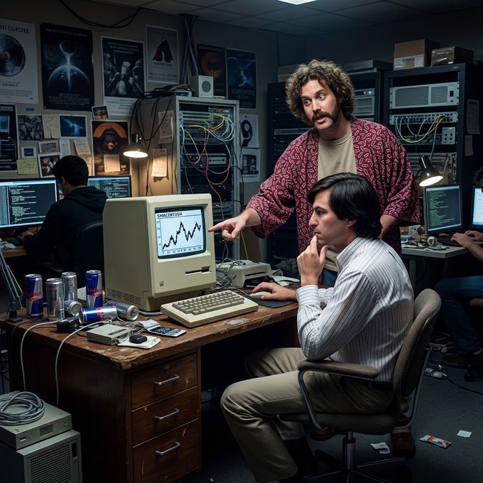 Two men in a cluttered vintage tech workspace examine a stock chart on a beige Macintosh monitor, with the standing curly-haired man pointing at the upward-trending graph labeled "SMARTRIDER" to show his seated colleague how to buy tokenized $AAPL. The scene captures a retro 1980s tech aesthetic, fitting the playful post about purchasing tokenized Apple shares using the iconic Macintosh.