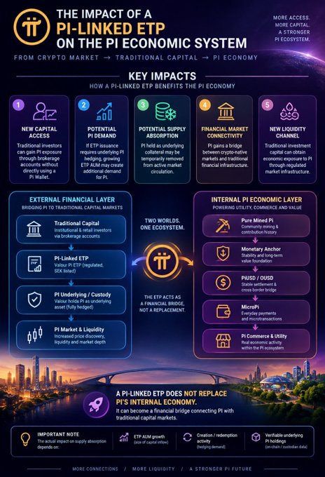 An infographic titled "THE IMPACT OF A PI-LINKED ETP ON THE PI ECONOMIC SYSTEM" explaining how it benefits the Pi ecosystem by bridging crypto markets with traditional capital.