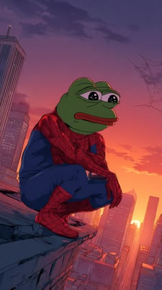 An illustration shows Pepe the Frog character wearing a Spider-Man suit, crouching on a rooftop overlooking a city at sunset.