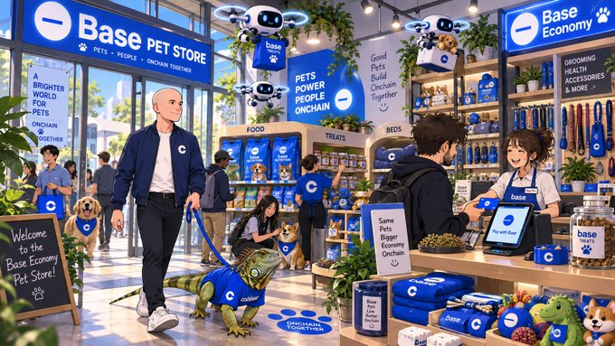 Anime-style illustration of the 'Base Pet Store' (Base Economy), depicting a bald man in a blue jacket walking an iguana on a leash through a busy pet shop with robots and shelves of pet supplies.