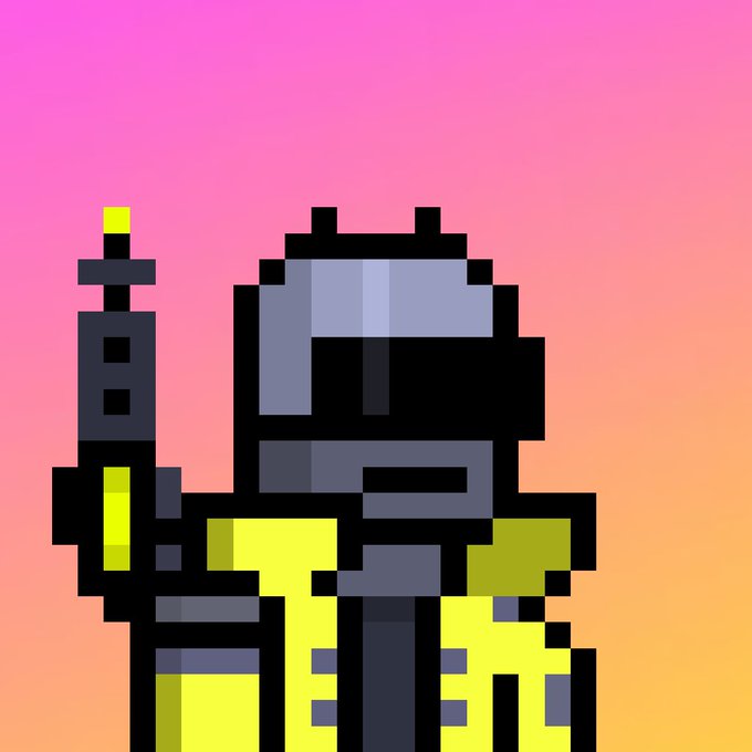Pixel art style illustration of a tactical soldier wearing a helmet, mask, and goggles, holding a rifle with a suppressor against a pink-to-orange gradient background.