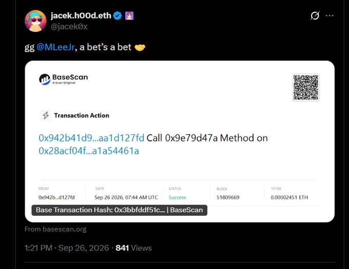 A tweet from @jacek0x (jacek.h00d.eth) directed at @MLeeJr stating 'a bet's a bet 🤝' includes a BaseScan transaction action screenshot dated Sep 26, 2026 showing a successful on-chain transaction.