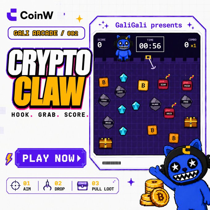 A promotional graphic for "CoinW's Crypto Claw" game (Gali Arcade 002), featuring a claw machine interface filled with crypto items including Bitcoin (BTC), Doge (DOGE), Solana (SOL), and red flag items labeled "SCAM," "PHISH," and "HACK," with a score of 0, a 56-second timer counting down from 60, and a blue monster mascot alongside the tagline "Hook. Grab. Score." The image directly supports the post's call-to-action by showcasing the playable game where users dodge crypto red flags like scams, phishing, and hacks within a 60-second time limit.